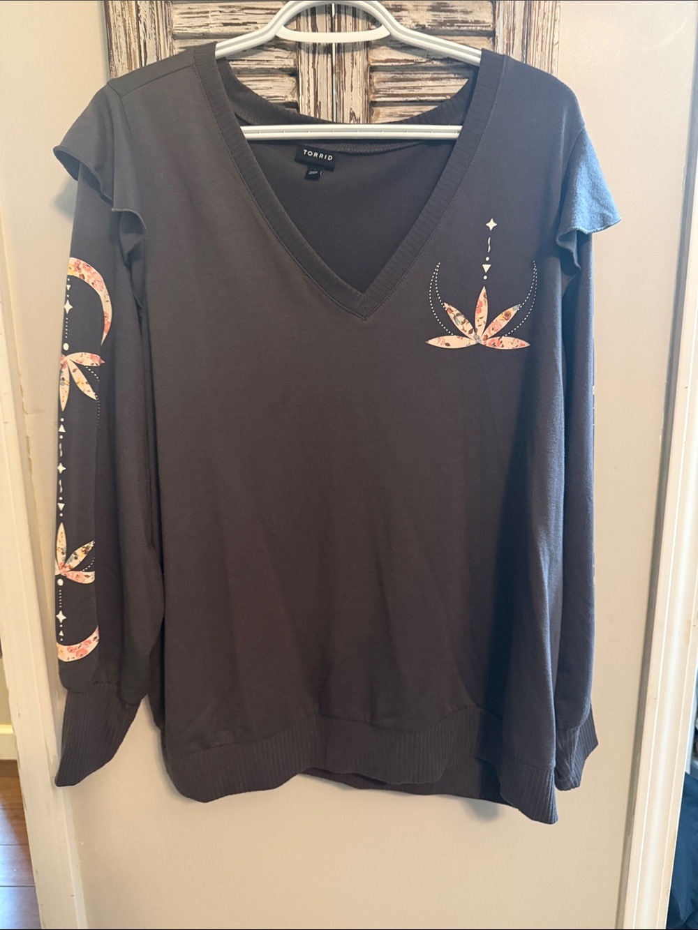 torrid Charcoal V-Neck Floral Accent Long Sleeve Top